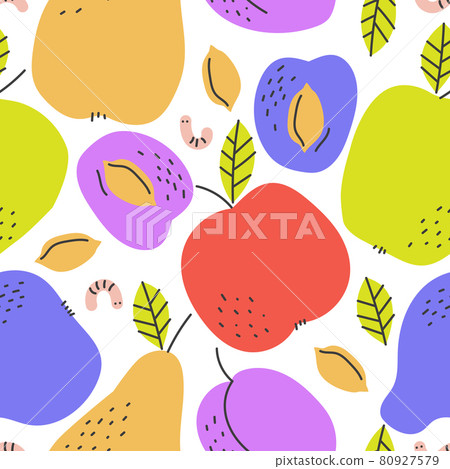 Bright summer seamless pattern with harvest of apples, pears, plums 80927579