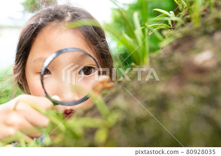 A girl observing a cicada shell with a magnifying glass 80928035