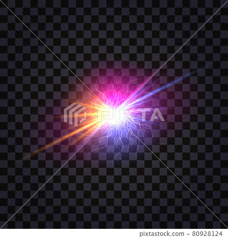 Electric light flash effect. Electrical discharge shock burst with colorful glowing rays and sparks, pink and purple shine light. Isolated on transparent background. Vector illustration Electric light flash effect. Electrical discharge shock burst with colorful glowing rays and sparks, pink and purple shine light. Isolated on transparent background. Vector illustration 80928124
