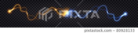 Electric discharge collision, blue vs yellow lightning thunder bolt. Glowing electric shock effect, light flash. Power battle with impulse waves. Vector illustration 80928133