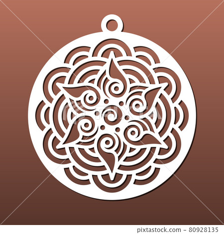 Laser cut mandala, cnc  stencil for coaster or Christmas ball. Diy craft, paper art, fretwork, wood carving. Pendant or breloque, decorative element. Vector illustration 80928135