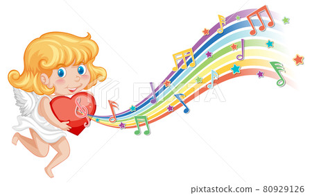 Cupid girl holding heart with melody symbols on rainbow Cupid girl holding heart with melody symbols on rainbow 80929126