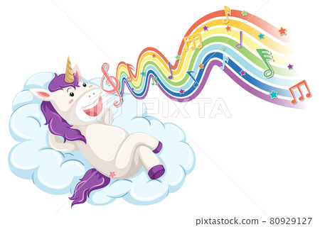 Unicorn laying on the cloud with melody symbols on rainbow wave Unicorn laying on the cloud with melody symbols on rainbow wave 80929127