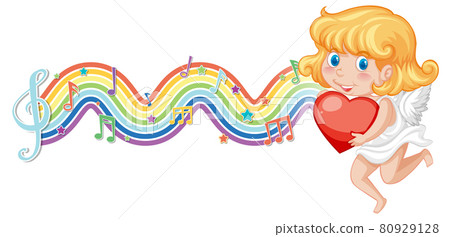 Cupid girl holding heart with melody symbols on rainbow wave 80929128