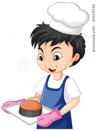 Cartoon character of a chef boy holding tray of cake Cartoon character of a chef boy holding tray of cake 80929198