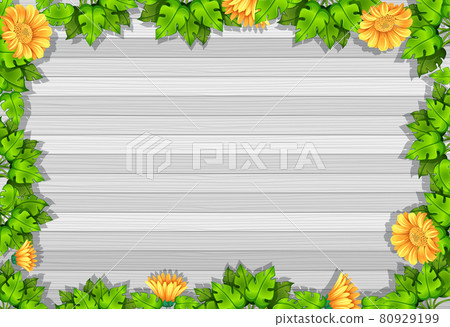Top view of blank wooden table with leaves and yellow flower elements Top view of blank wooden table with leaves and yellow flower elements 80929199