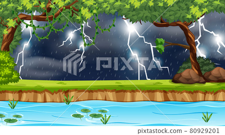Forest scene with lightning and raining at night Forest scene with lightning and raining at night 80929201