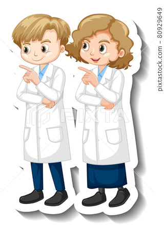 Cartoon character sticker with children in science gown Cartoon character sticker with children in science gown 80929649