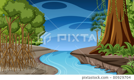 Nature scene with Mangrove forest at night in cartoon style 80929704