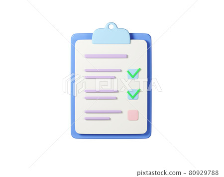 Checklist on clipboard paper isolated on white background, 3d render illustration. Notebook with checked tasks. Concept of online survey, exam note, business contract, research form 80929788