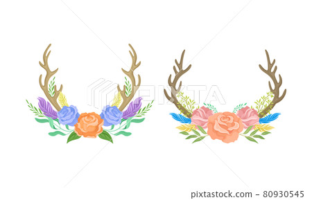 Horns with flowers set. Deer antlers with rose flowers in pastel colors, boho chic style design element cartoon vector illustration 80930545