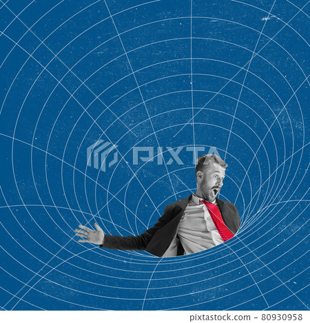 Contemporary art collage. Business concept. Composition with young manager running from problems Contemporary art collage. Business concept. Composition with young manager running from problems 80930958