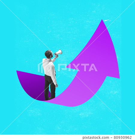 Successful businessman with megaphone standing on colorful up arrow, way or path to success and goal. Right direction. 80930962
