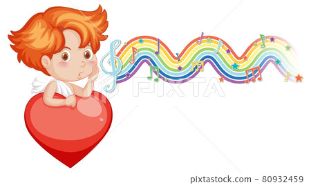 Cupid boy holding heart with melody symbols on rainbow wave Cupid boy holding heart with melody symbols on rainbow wave 80932459