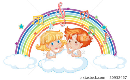 Cupid couple on the cloud with melody symbols on rainbow Cupid couple on the cloud with melody symbols on rainbow 80932467