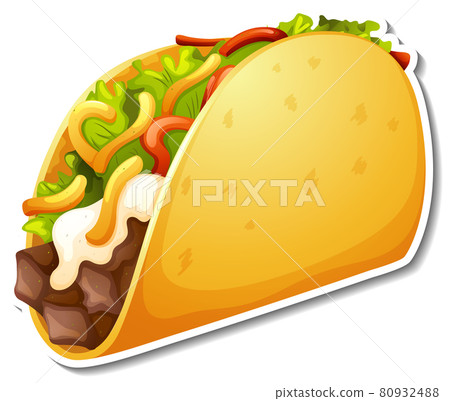 Taco with vegetable and meat sticker on white background 80932488
