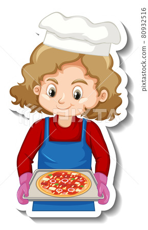 Sticker design with chef girl holding pizza tray 80932516