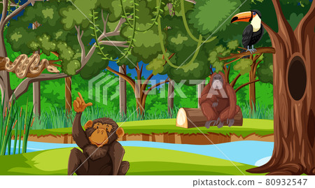 Forest scene with different wild animals Forest scene with different wild animals 80932547