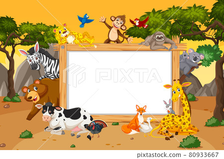 Empty wooden frame with various wild animals in... - Stock Illustration ...
