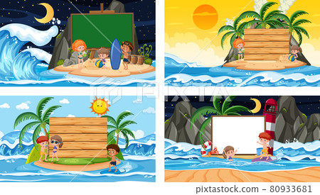 Set of different tropical beach scenes with blank banner 80933681