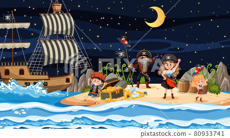 Treasure Island scene at night with Pirate kids - Stock Illustration ...