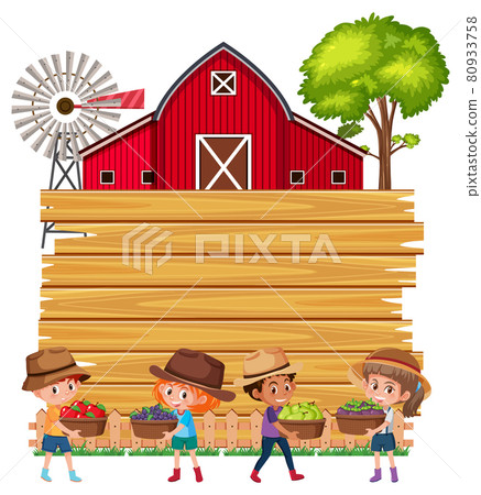 Empty wooden board with farmer kids and barn - Stock Illustration ...