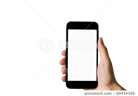Hand holding smart phone with blank white screen in white background. 80934388
