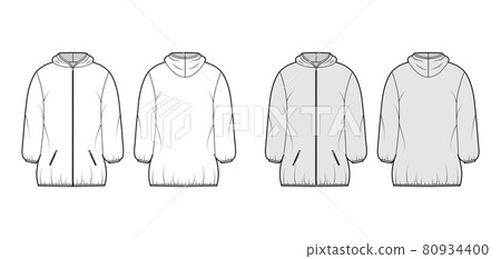 Down puffer coat jacket technical fashion illustration with long sleeves, hoody collar, zip-up closure, thigh length 80934400