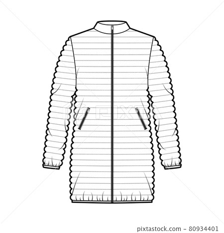 Down puffer coat jacket technical fashion illustration with long sleeves, stand collar, hip length, narrow quilting 80934401