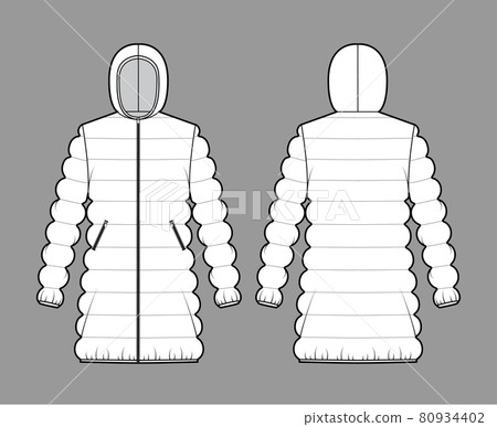 Hooded jacket Down puffer coat technical fashion illustration with zip-up closure, thigh length, classic quilting Hooded jacket Down puffer coat technical fashion illustration with zip-up closure, thigh length, classic quilting 80934402