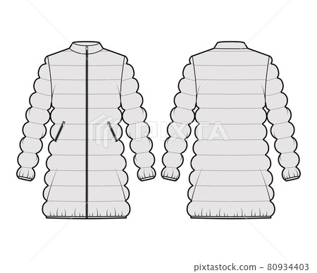 Down puffer coat jacket technical fashion illustration with long sleeves, stand collar, thigh length, classic quilting Down puffer coat jacket technical fashion illustration with long sleeves, stand collar, thigh length, classic quilting 80934403