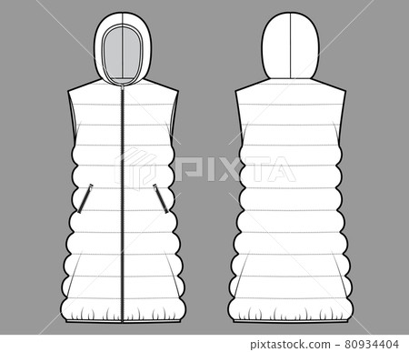 Down vest puffer waistcoat technical fashion illustration with hoody collar zip-up closure, loose body, classic quilting Down vest puffer waistcoat technical fashion illustration with hoody collar zip-up closure, loose body, classic quilting 80934404