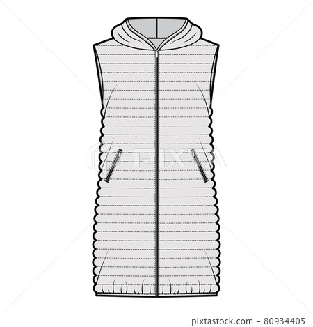 Down vest puffer waistcoat technical fashion illustration with sleeveless, hoody collar, loose fit, narrow quilting 80934405