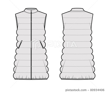 Down vest puffer waistcoat technical fashion illustration with sleeveless, stand collar, loose body, thigh length Down vest puffer waistcoat technical fashion illustration with sleeveless, stand collar, loose body, thigh length 80934406