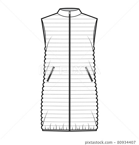 Down vest puffer waistcoat technical fashion illustration with stand collar, zip-up closure, loose fit, thigh length Down vest puffer waistcoat technical fashion illustration with stand collar, zip-up closure, loose fit, thigh length 80934407