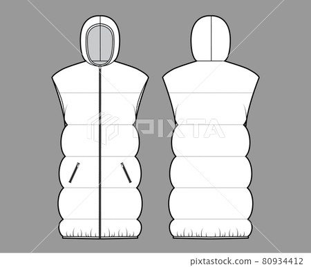 Down vest puffer Hooded waistcoat technical fashion illustration with sleeveless, pockets, hip length, wide quilting Down vest puffer Hooded waistcoat technical fashion illustration with sleeveless, pockets, hip length, wide quilting 80934412