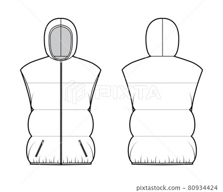 Down vest puffer waistcoat technical fashion illustration with hoody collar, zip-up closure, hip length, wide quilting Down vest puffer waistcoat technical fashion illustration with hoody collar, zip-up closure, hip length, wide quilting 80934424