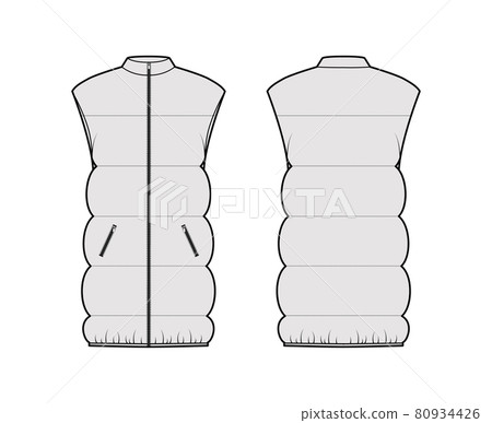 Down vest puffer waistcoat technical fashion illustration with sleeveless, stand collar, pockets, hip length, wide 80934426