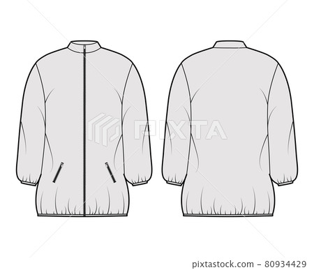 Down puffer coat jacket technical fashion illustration with long sleeves, stand collar, pockets, boxy fit, thigh length 80934429