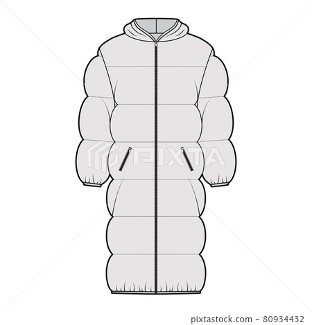 Down puffer coat jacket technical fashion illustration with long sleeves, hoody collar, zip-up closure, knee length 80934432