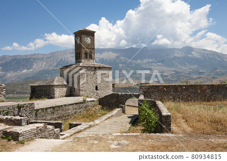 Clock tower of Gjirokaster old castle. Historical heritage. 80934815