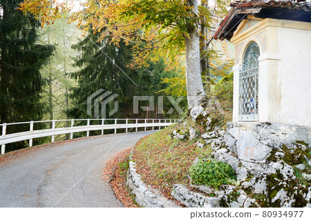 Picturesque Alps autumn landscape, serpentine mountain road in Lombardy, Italy. Colorful autumn scene Picturesque Alps autumn landscape, serpentine mountain road in Lombardy, Italy. Colorful autumn scene 80934977
