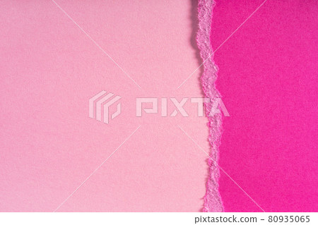 Pieces of torn ragged purple paper edges on pink background. Ripped cracked paper edge isolated with soft shadow. 80935065