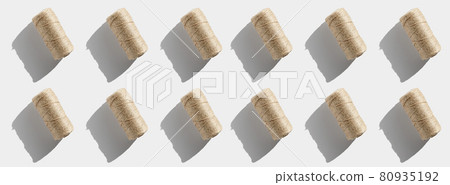 String rope twine isolated pattern on white background. Jute rope for packing and decoration, skein of brown wool for knitting. Linen rough threads. Banner ... 80935192