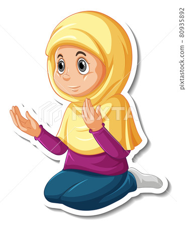 A sticker template with Muslim girl praying cartoon character 80935892
