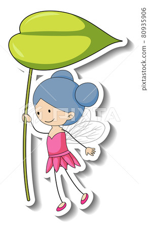 Sticker template with a fairy cartoon character holding a leaf isolated 80935906