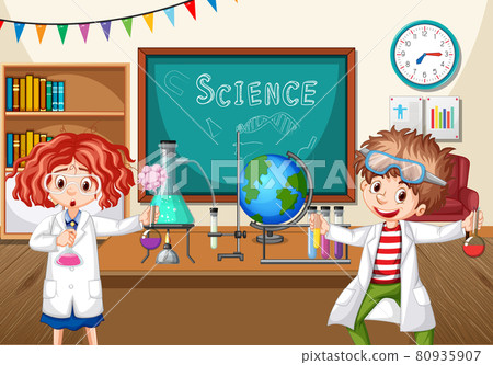 Two young scientists doing chemistry experiment in the classroom 80935907