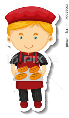 Sticker template with a baker boy holds baked tray isolated 80935908