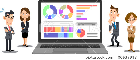 A business person thinking around a laptop with data displayed 80935988