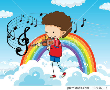 Cartoon doodle a boy playing violin in the sky with rainbow Cartoon doodle a boy playing violin in the sky with rainbow 80936194